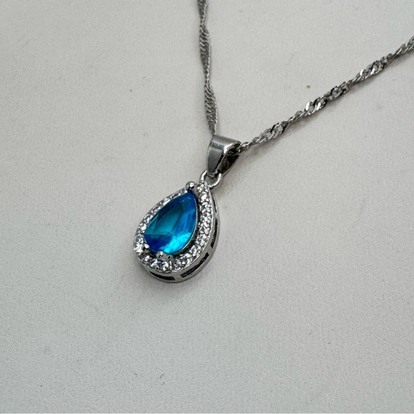 Bright Blue Diamond CZ Teardrop Halo Pendant Necklace Silver White CZ Glam - Picture 5 of 8
